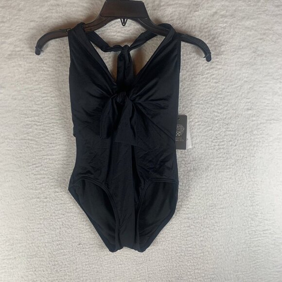 Vince Camuto One-Piece‎ Swimsuit Women's 6 Black Plunging Tie-Front Halter S9446 - Picture 1 of 9